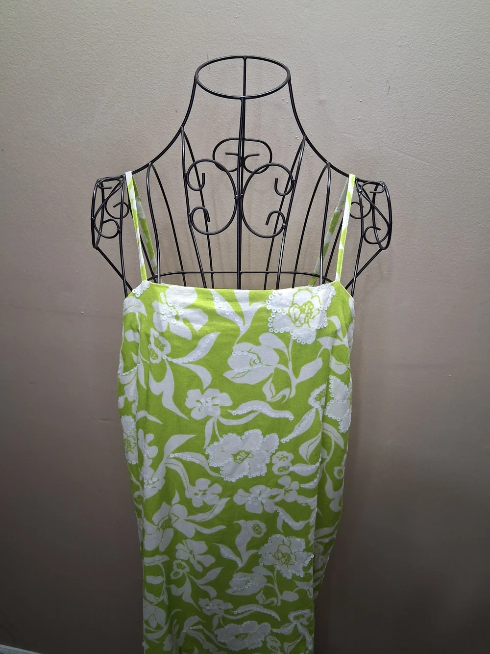 Flora Bea Floral Green Linen & Cotton Dress with Sequins NWT